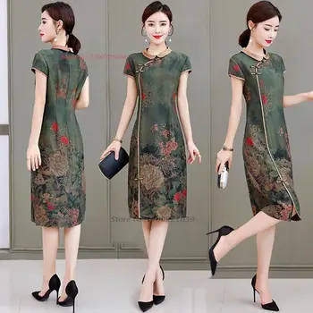 2024 китайское улучшенное платье ципао винтажное чхонсам национальный цветочный принт атлас ципао восточное банкетное вечернее платье vestido