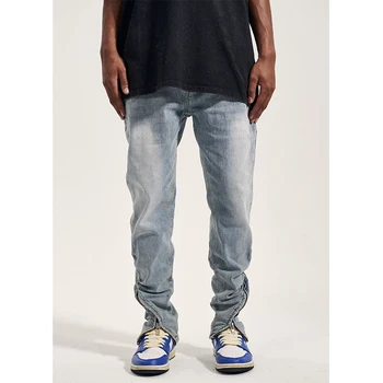 High Street Wash Made Old Irregular Zipper Slim Leg Stretch Jeans Мужской модный бренд