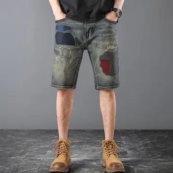 2023 Новый красивый принт с вышивкой Мужские джинсовые брюки с раздельным разделом Высококачественные эластичные джинсы длиной до колена шорты