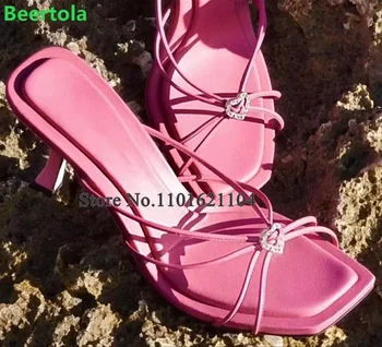 Квадратный носок Crystal Love Роскошные дизайнерские тапочки для женщин 2023 Новые поступления Тонкие Высокий Каблук Сексуальная Твердая Летняя Модная Обувь