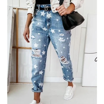 Wepbel джинсовые брюки для женщин с высокой талией прямая звезда узор рваные джинсы лето выстиранные джинсовые брюки уличная одежда джинсы
