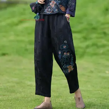 2024 китайские винтажные атласные жаккардовые брюки национальная цветочная вышивка харадзюку этнические брюки повседневные эластичные брюки с эластичной талией