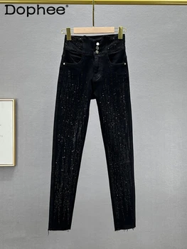 Черные флисовые джинсы для женщин 2023 осень-зима Новый Узкий крой с высокой талией Для похудения Тяжелая вышивка Горячее сверление Узкие брюки